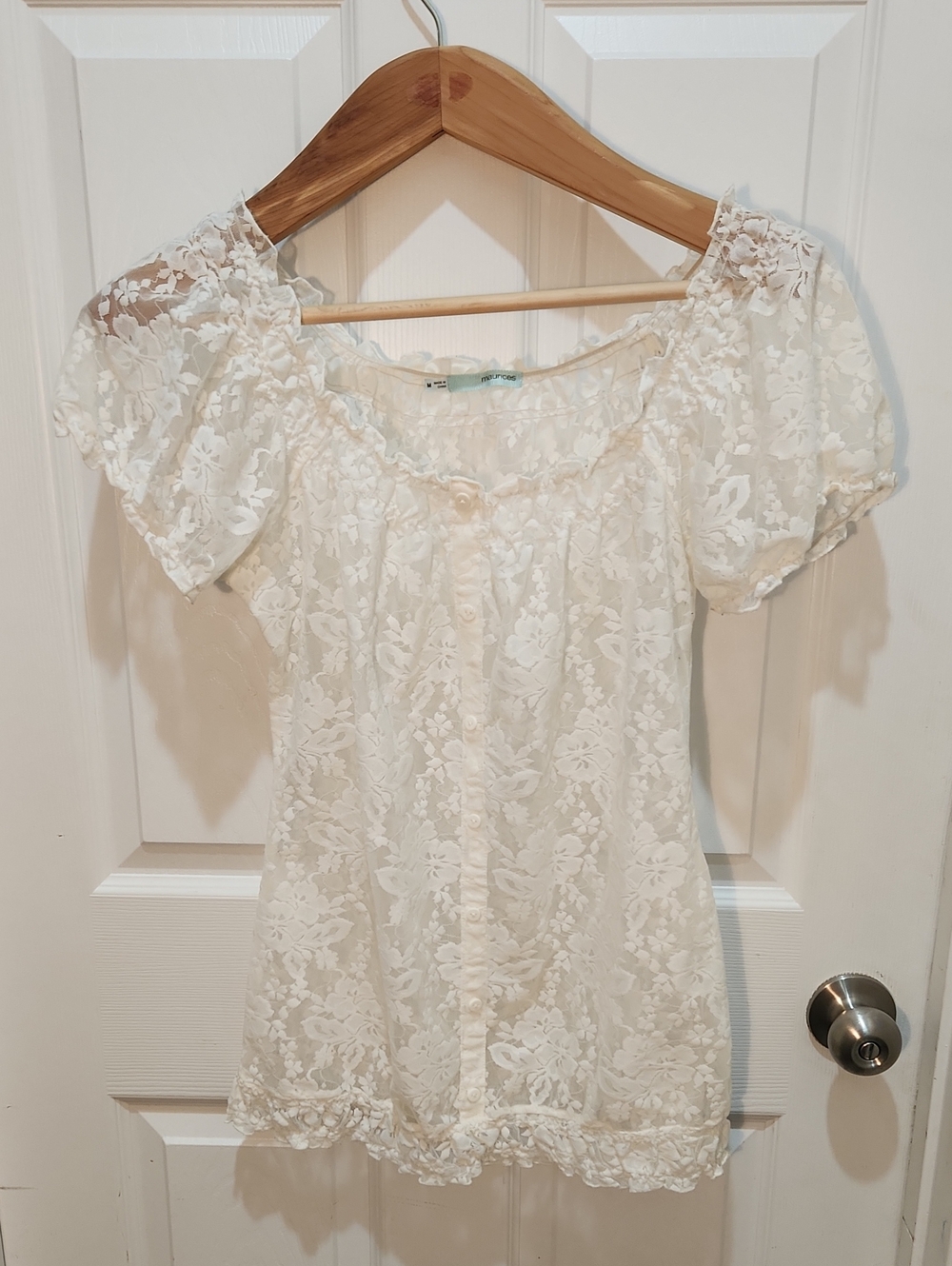 Maurices Cream Lace Ruffled Neck Blouse